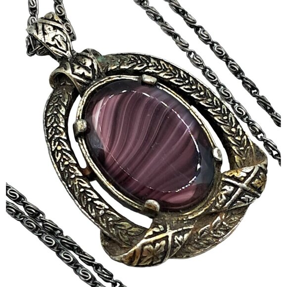 Porphryr Glass Necklace Purple Pendant Signed Miracle Celtic Vintage Costume Jew - Picture 1 of 8